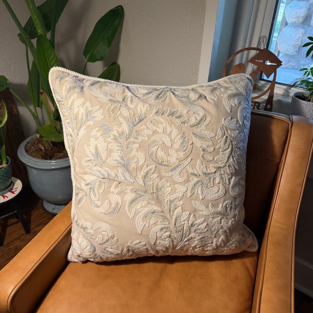Kim Seybert Living Luxury Embroidered Throw Pillow Cream Blue Down Filled 24x24